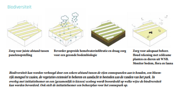 Biodiversiteit: Zorg voor juiste afstand tussen panelenopstelling. Bevorder gespreide hemelwaterinfiltratie en draag zorg voor een gezonde bodembiologie. Zorg voor adequaat beheer. Houd rekening met zeldzame planten en dieren uit WNB. Monitor bodem, flora en fauna. Biodiversiteit kan worden verhoogd door een zekere afstand tussen de rijen zonnepanelen aan te houden, een bloemrijk mengsel te zaaien, de vegetaties extensief te beheren en aandacht te besteden aan de randen van het park. In overleg met initiatiefnemer en een (gezamenlijk te kiezen) ecoloog wordt beoordeeld op welke wijze de biodiversiteit kan worden bevorderd. Ook stelt de initiatiefnemer een beheerplan voor het zonnepark op.